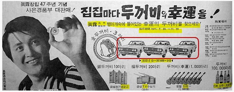 Iklan Jinro di koran pada tahun 1970-an. Jinro adalah merek soju yang memiliki sejarah paling panjang di Korea.