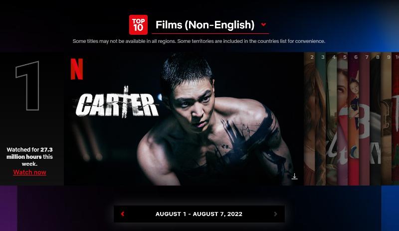 Film Korea 'Carter' dan drama 'Pengacara Aneh Woo Young-woo' menduduki peringkat pertama dalam kategori film dan drama non-bahasa Inggris di Netflix secara berdampingan. Foto menunjukkan postur 'Carter' di 'Netflix Top 10' (dari Netflix Top 10)