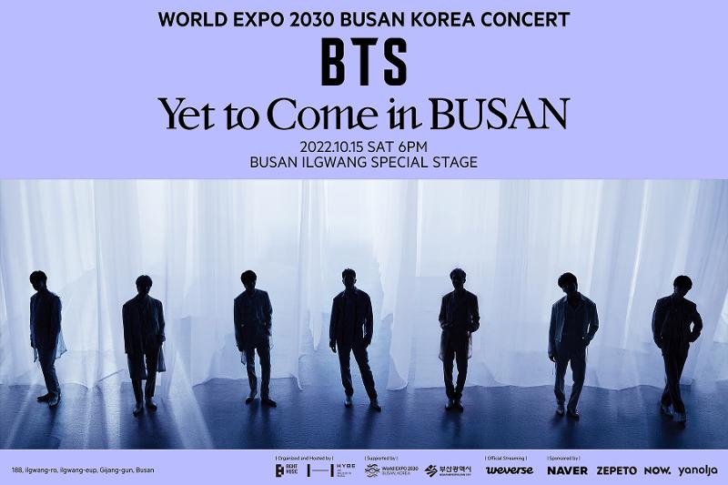 Grup Bangtan Boys (BTS) akan menggelar konser dengan 100.000 orang penonton pada bulan Oktober mendatang. Konser ini digelar dalam rangka menyambut penawaran gelaran World Expo 2030 Busan. (Big Hit Music)