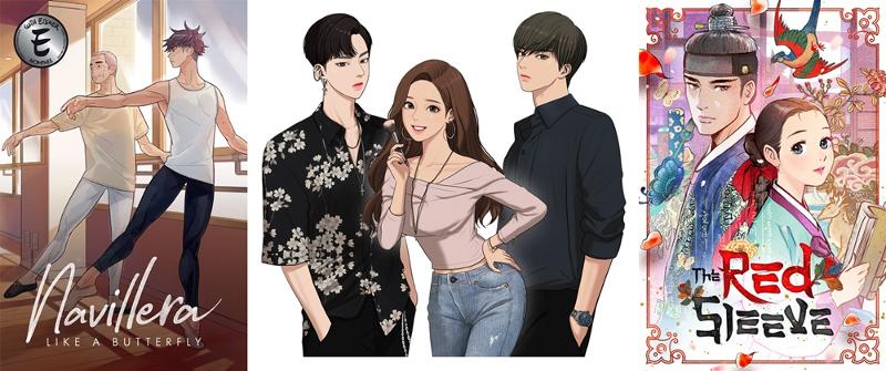 KCC New York dan KOMACON memperkenalkan berbagai webtun Korsel melalui pameran bertajuk Bang! K-Webtoon yang diselenggarakan pada tanggal 31 Oktober hingga 16 Desember (waktu setempat) di Galeri Korea, KCC New York. Dari kiri ke kanan: Navillera, True Beauty, dan The Red Sleeve. 