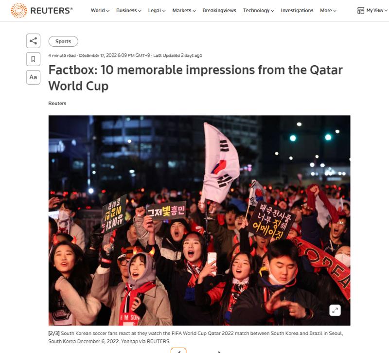 Pada tanggal 17 Desember (waktu setempat), Reuters merilis sepuluh momen terbaik Piala Dunia Qatar melalui berita berjudul Factbox: 10 memorable impressions from the Qatar World Cup. (Tangkapan layar berita Reuters)