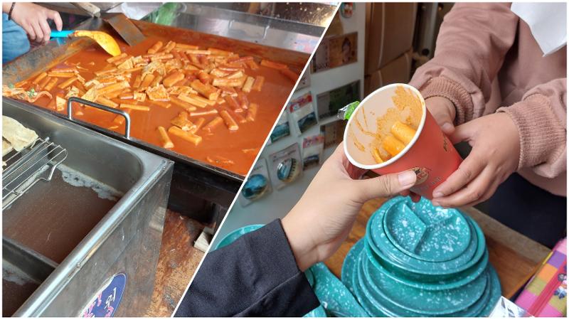 Foto penjual tteokbokki dan adik penulis yang sedang membeli satu porsi tteokbokki. 