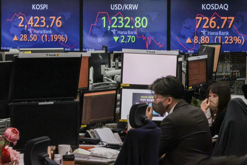 Pada tanggal 24 Januari, Komisi Jasa Keuangan mengumumkan 'Langkah-Langkah Peningkatan Akses Investor Asing ke Pasar Modal'. Foto menunjukkan ruang transaksi cabang utama Hana Bank di Jung-gu, Seoul pada tanggal 25 Januari. (Yonhap News)