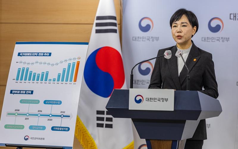 Jeon Hyun-hee, Ketua Komisi Hak Sipil, sedang memberikan briefing tentang Indeks Persepsi Korupsi (CPI) Republik Korea 2022 pada tanggal 31 Januari di Kompleks Pemerintahan Seoul, Jongno-gu, Seoul. (Yonhap News)