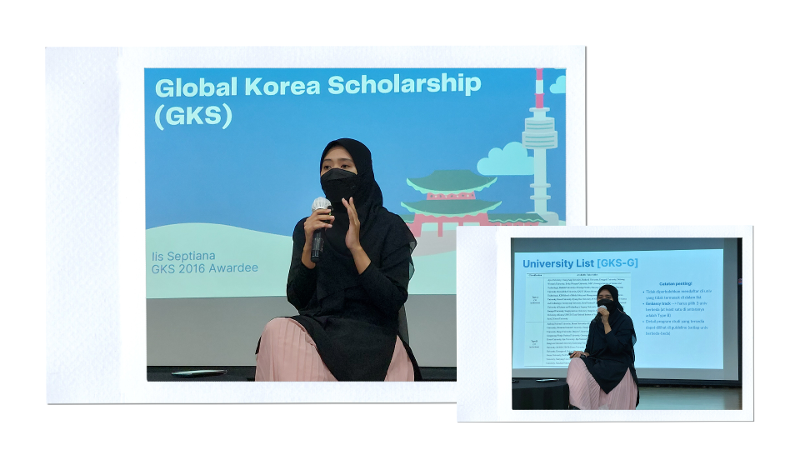 Foto Iis Septiana sedang berbagi pengalamannya sebagai alumni penerima beasiswa GKS-G dan kehidupannya di Korea.