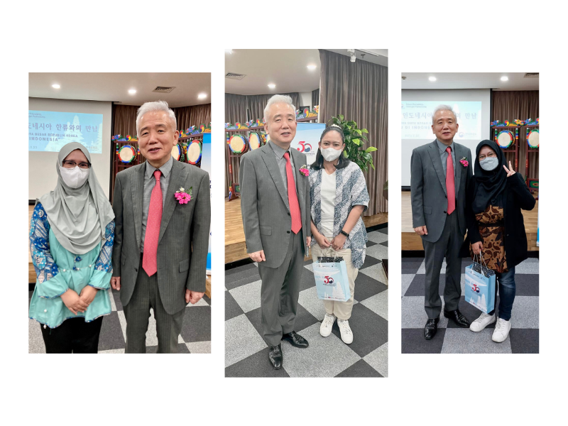 Wartawan kehormatan Korea.net bersama Dubes Republik Korea (dari kiri ke kanan: Binar Candra Auni, Stephanie Pradnyaparamita, Maulia Resta. Foto: dokumentasi Binar Candra Auni, Stephanie Pradnyaparamita, Maulia Resta)