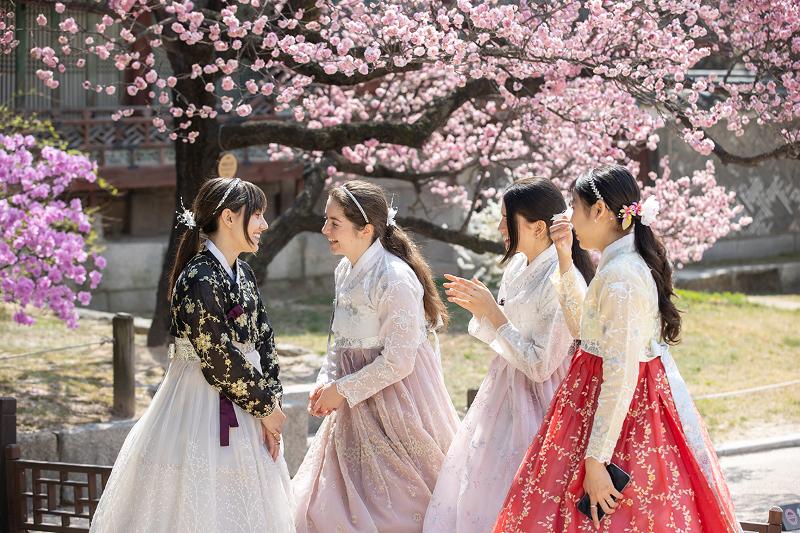 Mulai April 2023, WNA berusia di bawah 18 tahun dapat mengunjungi istana-istana besar seperti Istana Gyeongbokgung dan Istana Deoksugung, serta makam kerajaan Dinasti Joseon dan Kuil Jongmyo secara gratis. Foto di atas menunjukkan turis asing yang mengenakan hanbok menikmati musim semi di Istana Changdeokgung pada tanggal 29 Maret. (Kim Sunjoo)