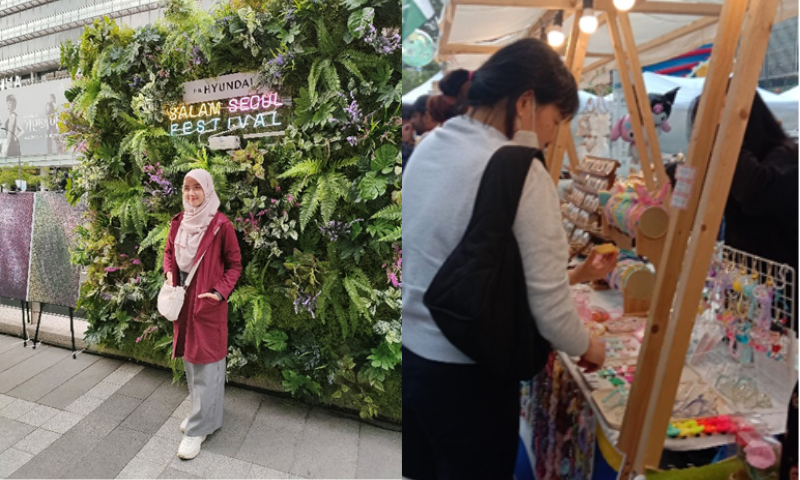 Kiri: Novi, teman penulis yang ikut serta mengambil gambar di photo booth. Kanan: Beberapa pengunjung yang sedang melihat-lihat di Salam Seoul Flea Market. 