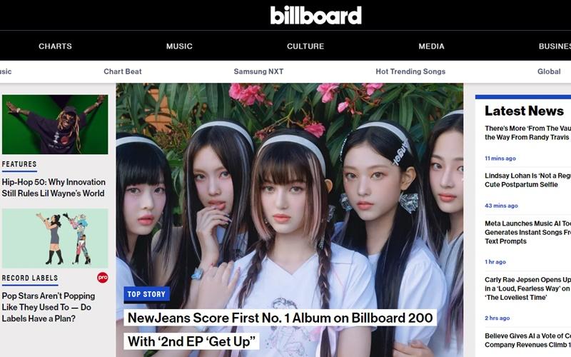 Menurut tangga lagu terbaru yang dirilis Billboard pada tanggal 2 Agustus (waktu setempat) untuk periode 30 Juli-5 Agustus, album mini kedua NewJeans yang berjudul Get Up menduduki puncak tangga album utama Billboard, yaitu Billboard 200. (Tangkapan layar situs web resmi Billboard) 