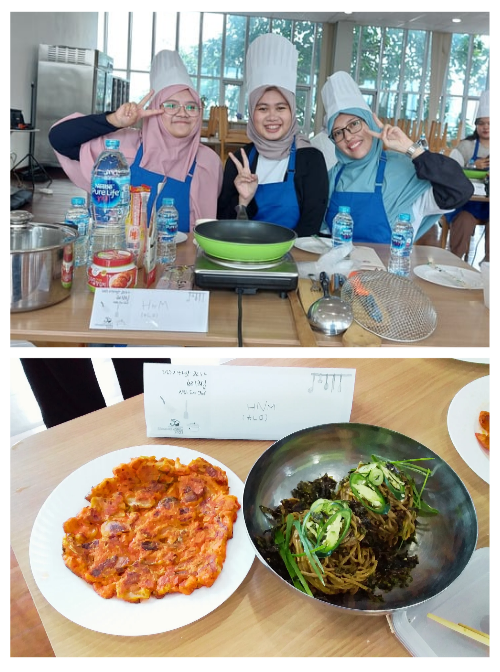 Penulis (kanan) bersama Maulia (kiri) dan Nindy (tengah) dalam satu kelompok bernama HNM. (Sumber foto atas: Maulia Resta). Foto hasil memasak kimchjeon (kiri) dan makguksu (kanan) milik kelompok HNM. (Sumber foto bawah: Hurum Maqshuro) 