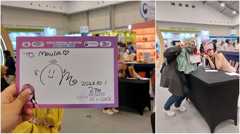 Penulis berfoto bersama Ryoung dan mendapatkan tanda tangannya melalui sesi fansign yang penulis peroleh setelah mendaftar on the spot.