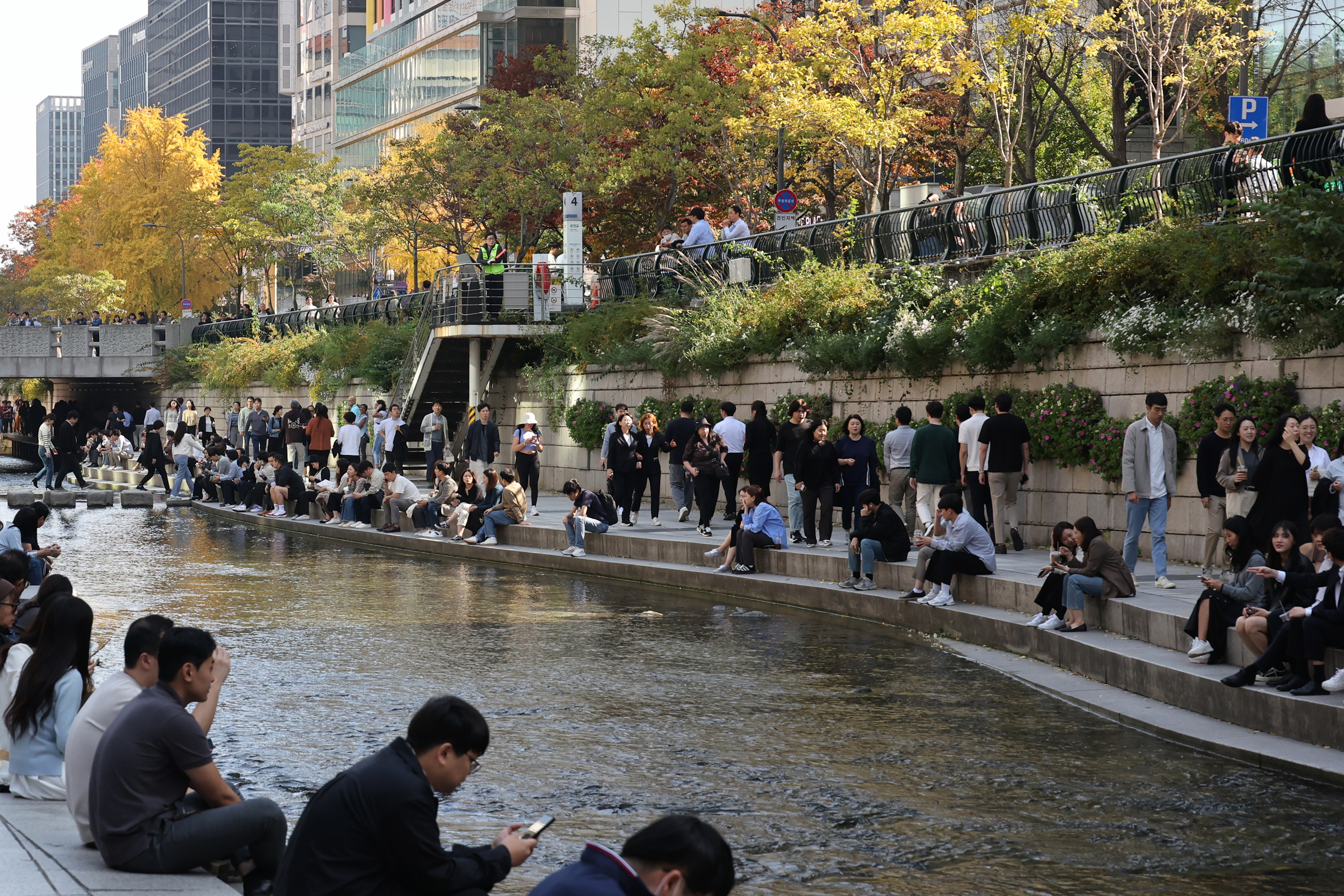  Para warga terlihat sedang berjalan-jalan pada tanggal 2 November di Cheonggyecheon di Jongno-gu, Seoul. Pagi hari itu menjadikan hari terpanas di bulan November sepanjang 116 tahun. Pada hari itu, suhu harian terendah di distrik tersebut adalah 18,9 derajat Celcius pada pukul 04:04 subuh, menjadikannya suhu yang tertinggi dalam bulan November sejak tahun 1907. (Yonhap News)