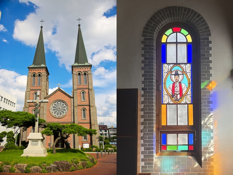 Kiri: Gereja Katolik Gyesan yang berada di Jung-gu, Daegu. Kanan: Santo Andreas Kim Taegon yang digambarkan di dalam kaca patri gereja. (Lee Da Som) 