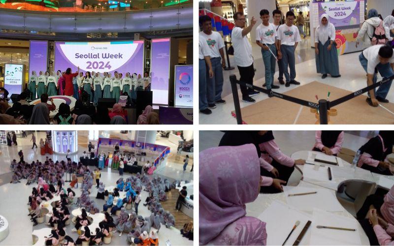 SMK Pujangga menampilkan paduan suara menyanyikan lagu Kkachi Kkachi Seollal-eun pada pembukaan acara Seollal Week 2024 (foto kiri atas). Beberapa pelajar dan guru menikmati permainan tradisional tuho (foto kanan atas). Antusiasme pelajar Indonesia mengikuti acara Seollal Week 2024 (foto kiri bawah). Foto beberapa pelajar yang mengikuti kegiatan kelas kaligrafi hangeul (foto kanan bawah).