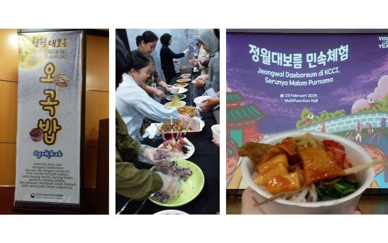 Peserta acara berkesempatan untuk mencicipi makanan khas perayaan Jeongwol Daeboreum, yaitu ogokbab. 