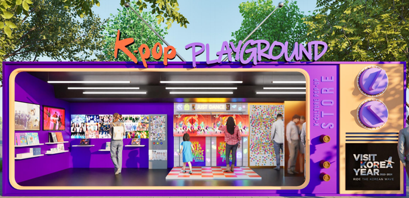 Acara K-POP PLAYGROUND akan digelar dari tanggal 31 Mei hingga akhir September mendatang di berbagai festival daerah terkenal di Korea. Foto di atas menampilkan ilustrasi pop-up store K-POP PLAYGROUND. 