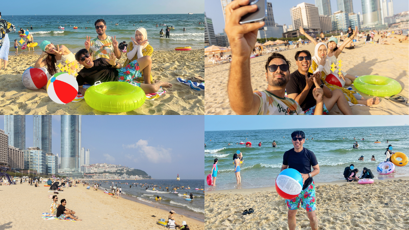 Beberapa foto penulis beserta teman-teman saat menikmati indahnya pantai Haeundae, Busan. (Frenky Ramiro)