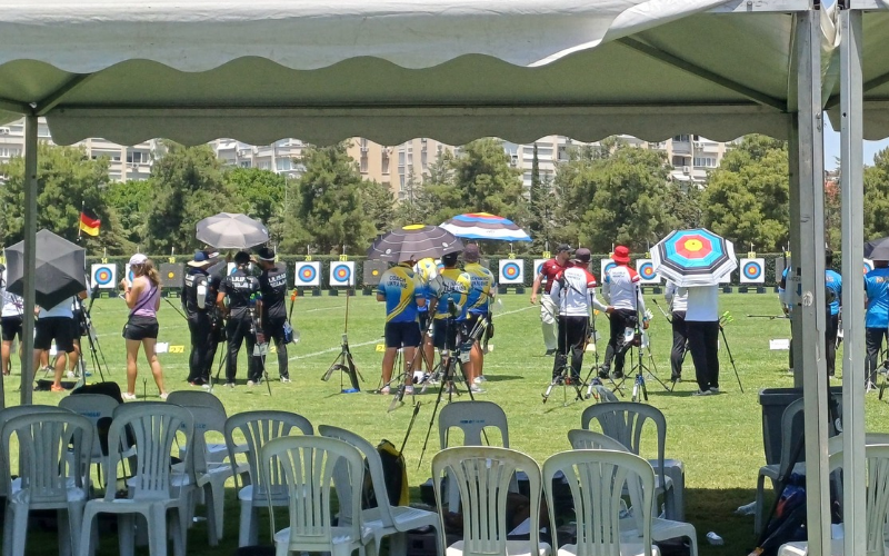 Suasana pertandingan turnamen beregu putra di Hyundai Archery World Cup Stage 3, Antalya, Turkiye. 