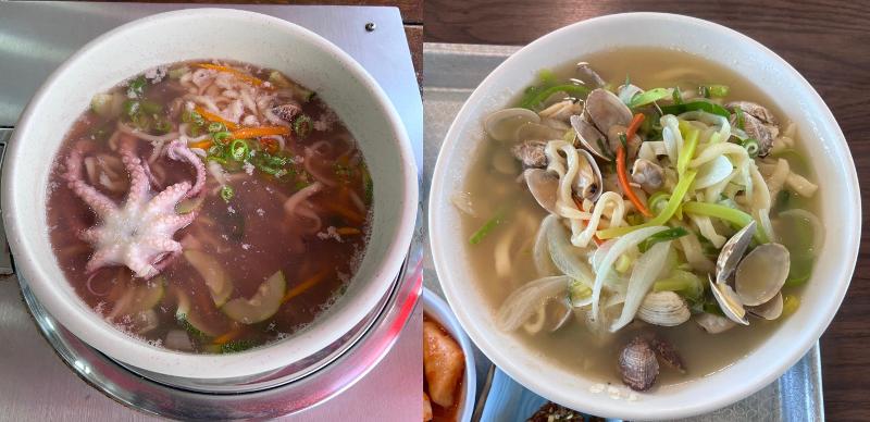 Kiri: Nakji kalguksu, Kanan: Haemul kalguksu. Keduanya merupakan hidangan utama di setiap restoran di Pulau Jebudo. 