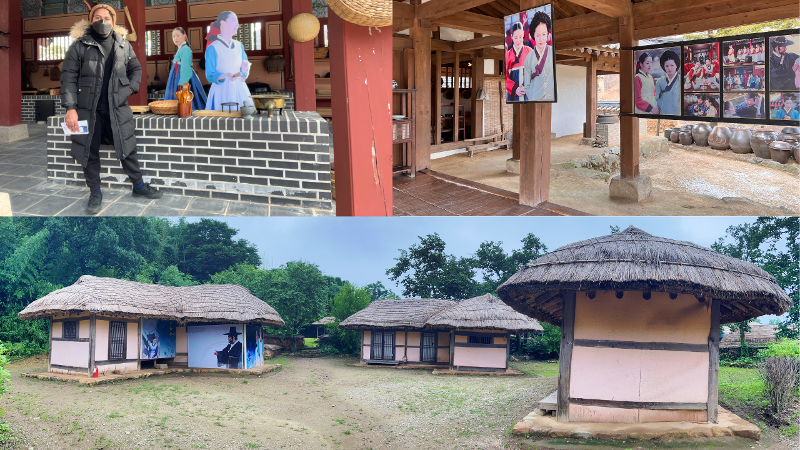 Dua lokasi syuting drama Korea Jewel in the Palace. Atas: lokasi syuting yang digunakan sebagai dapur istana yang terletak di Taman Dae Jang Geum. Bawah: lokasi syuting rumah Dae Jang Geum dan Min Jung-ho setelah berumah tangga yang terletak di Nagan Eupseong Folk Village, Suncheon. 