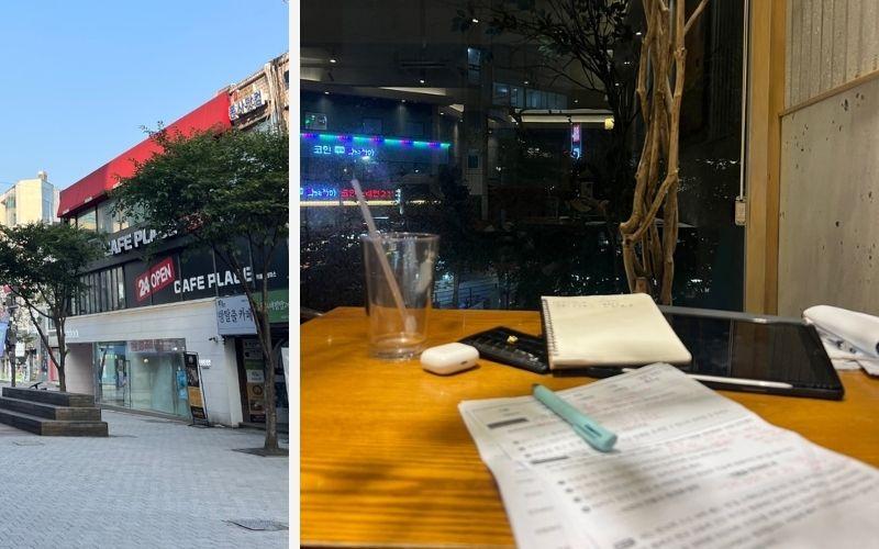 Salah satu kafe 24 jam yang terletak di kawasan Sinchon menjadi tempat favorit mahasiswa untuk belajar sepanjang hari dan malam.