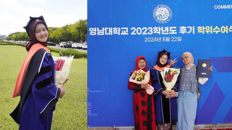 Terlihat pada foto bagian kiri, Indah sedang berpose di taman utama Universitas Yeungnam, Daegu. Pada bagian kanan, Indah membagikan momen bahagianya bersama keluarga. (Indah Monisa Firdiantika) 