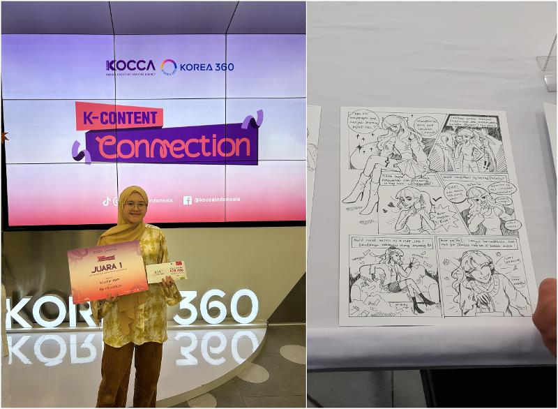 Kiri: Rumondang Theresia meraih juara pertama Live Drawing K-Comic Strip Competition yang diselenggarakan oleh KOCCA pada tanggal 15 September 2024. Kanan: Hasil karya Rumondang pada kompetisi menggambar tersebut. 