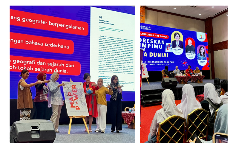 Kiri: Peluncuran buku Map Power. Kanan: Gelar wicara dan acara peluncuran buku dihadiri oleh para pelajar dan pecinta buku.