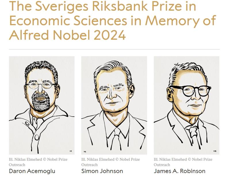 Daron Acemoglu, Simon Johnson, dan James A. Robinson terpilih menjadi pemenang Nobel Ekonomi tahun 2024 pada tanggal 14 Oktober 2024 (waktu setempat) melalui kontribusi mrtrks terkait penelitian pengaruh sistem negara pada kemakmuran ekonomi. (tangkapan layar laman resmi Penghargaan Nobel)