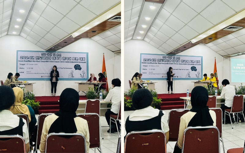 Suasana debat babak semifinal Lomba Debat Bahasa Korea, dengan peserta dari UGM, UI, dan UPI yang beradu argumen di hadapan juri dan penonton.