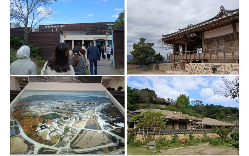 Dari kiri atas searah jarum jam: Museum Desa Yangdong, giwajip (rumah dengan atap genteng), chogajip (rumah dengan atap jerami), dan tata letak rumah-rumah tradisional Desa Yangdong. 