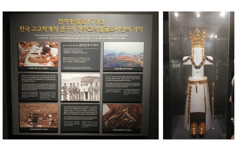 Kiri: Dokumentasi catatan sejarah penggalian makam Cheonmacheong pada tahun 1973. Kanan: Mahkota, sabuk pinggang, hingga sepatu yang terbuat dari emas. Aksesori ini terbuat dari emas asli dan dikenakan oleh Raja Silla ketika dimakamkan. 