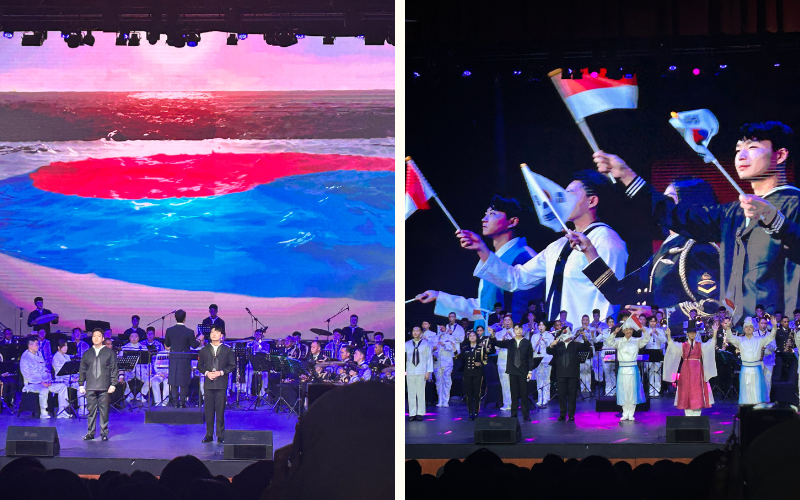 Penampilan yang memukau penonton melalui perpaduan musik orkestra yang mengiringi lagu patriotik lintas budaya.