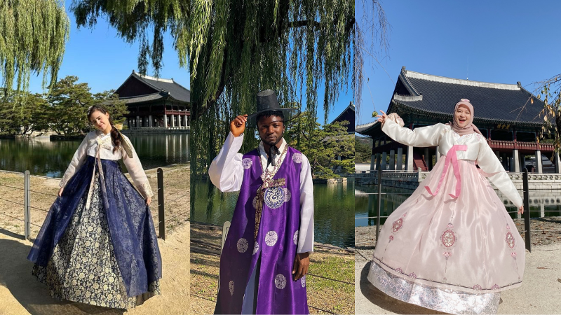 Dari kiri ke kanan: Ilse Diaz (Wartawan Kehormatan terbaik), Joseph Uhiene (Pemenang Talk Talk Korea), dan Anastasyia Setia Widarta (K-Influencer terbaik) memakai hanbok saat berkunjung ke Istana Gyeongbokgung. (Ilse Diaz, Joseph Uhiene, dan Anastasyia Setia) 