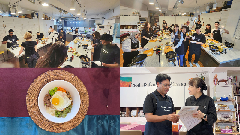 Terlihat pada foto bagian atas para peserta sedang membuat bibimbap. Foto kiri bawah adalah hasil kreasi bibimbap penulis dan pada kanan bawah adalah momen saat penulis mendapatkan sertifikat dari juru masak Hyewon Lee. (Frenky Ramiro de Jesus) 