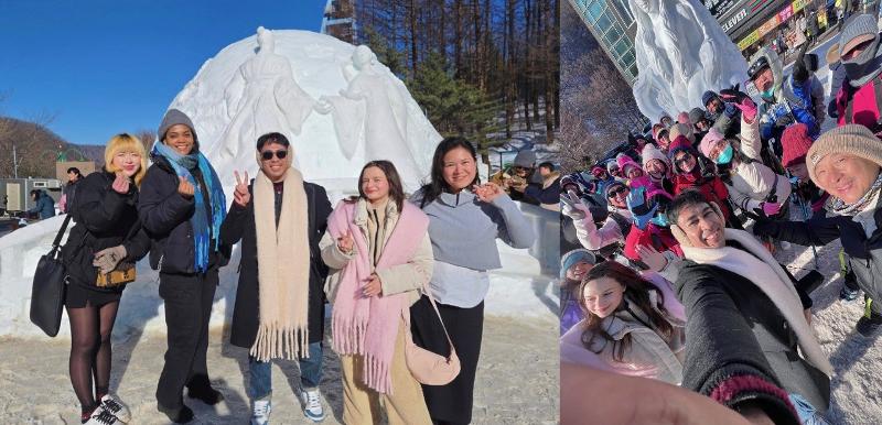 Kiri: Penulis bersama satu orang Wartawan Kehormatan Korea.net asal Rusia dan tiga orang K-influencer yang berasal dari Singapura, Amerika Serikat, dan Filipina. Kanan: Penulis berfoto bersama rombongan tur pada festival ini. 