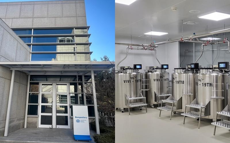 Foto di kiri menunjukkan pintu masuk biorepositori yang baru dibuka pada tanggal 21 Februari 2025. Foto di kanan menunjukkan tangki nitrogen cair. (Badan Pengendalian dan Pencegahan Penyakit Korea)  