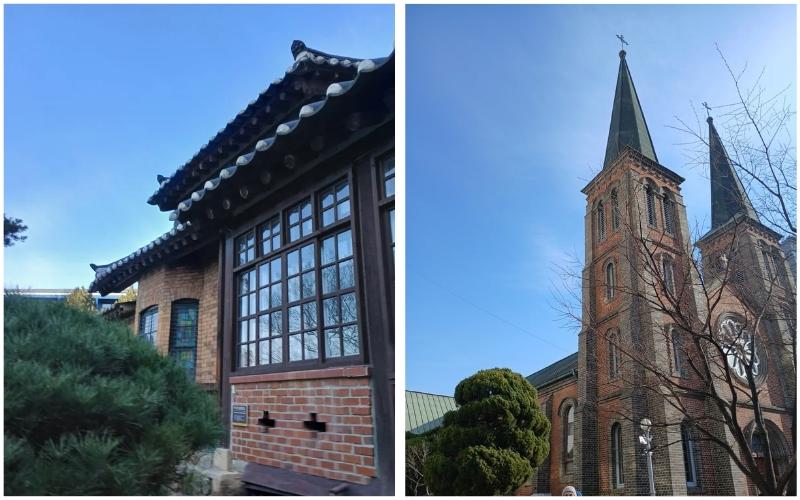 Foto di atas menunjukkan Rumah Misionaris Dongsan (kiri) dan Gereja Katolik Gyesan (kanan). 
