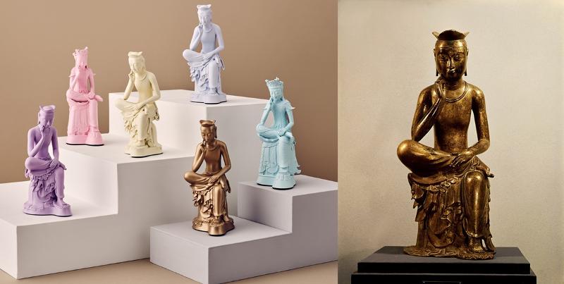 Foto di kiri menunjukkan miniatur dari Pensive Bodhisattva. Foto di kanan menunjukkan Pensive Bodhisattva yang dibuat pada akhir abad keenam. (Yayasan Museum Nasional Korea dan Badan Layanan Warisan Korea)