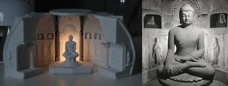 Foto di kiri merupakan lampu Gua Seokguram dan foto di kanan adalah Gua Seokguram. (Yayasan Museum Nasional Korea dan Badan Layanan Warisan Korea)