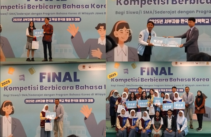 Foto kompilasi ketika juara kedua dan ketiga menerima penghargaan (kiri atas dan kiri bawah), foto SMKN 1 Cimahi sebagai sekolah terbaik (kanan atas), dan foto bersama seluruh peserta (kanan bawah). 