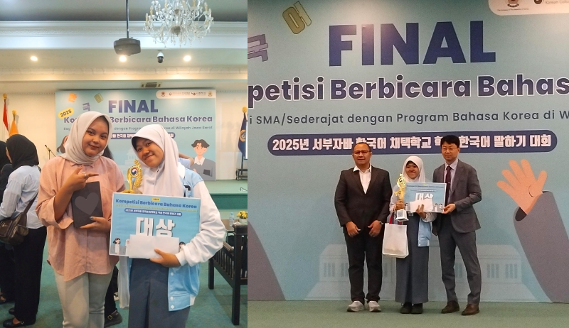 Penulis berfoto bersama Viona dari SMKN 1 Cimahi yang meraih juara pertama (kiri). Foto sebelah kanan menunjukkan Viona saat menerima hadiah sebagai juara pertama. 