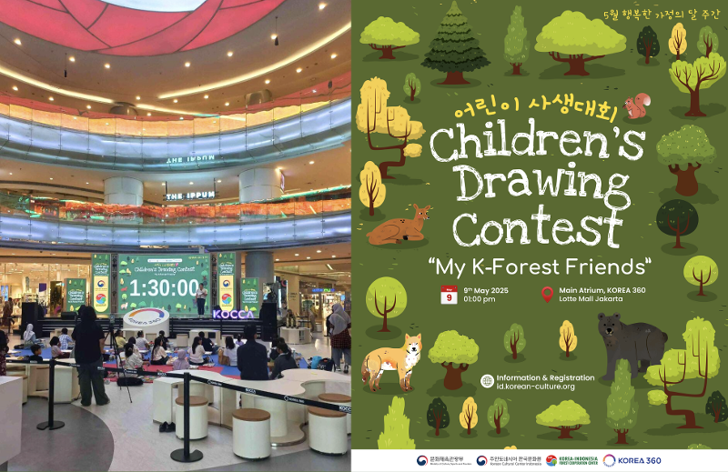 Anak-anak menunggu aba-aba sebelum kompetisi dimulai (kiri) dan poster acara kompetisi menggambar My K-Forest Friends. (Denissa Dewi Chandra dan KCCI) 