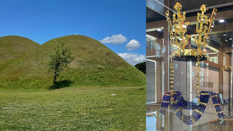 Pemandangan makam dan mahkota emas yang ditemukan pada Geumgwanchong Tomb (kiri) dan mahkota dipajang dalam Silla Dynasty Tombs Information Center Gyeongju (kanan). Foto diambil pada tanggal 10 Mei 2025.  