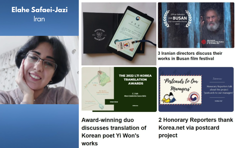 Elahe Safaei-Jazi adalah Wartawan Kehormatan Iran yang telah telah mengikuti program sejak tahun 2021 dan aktif mempromosikan budaya dan seni Korea melalui artikel, wawancara, dan proyeknya. (Elahe Safaei-Jazi dan tangkapan layar Korea.net) 