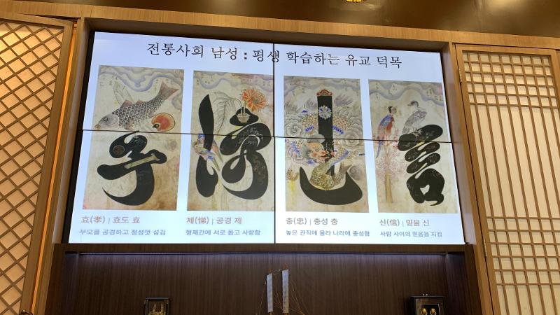 Foto di atas menunjukkan empat lukisan untuk empat dari delapan prinsip moral Era Joseon. Dari kiri ke kanan: hyo, je, chung, dan shin. 