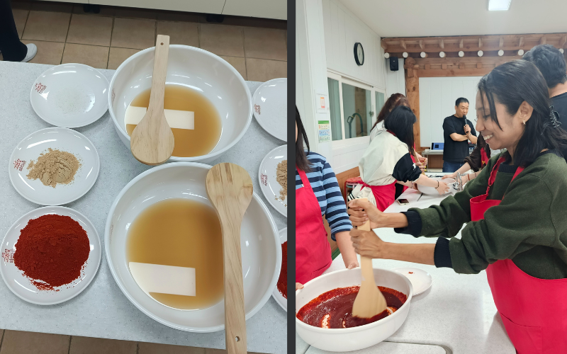 Bahan-bahan untuk membuat gocujang yang telah disediakan di meja pelatihan masing-masing peserta (Kiri). Penulis belajar langsung cara mencampur bahan-bahan untuk membuat gocujang (Kanan).