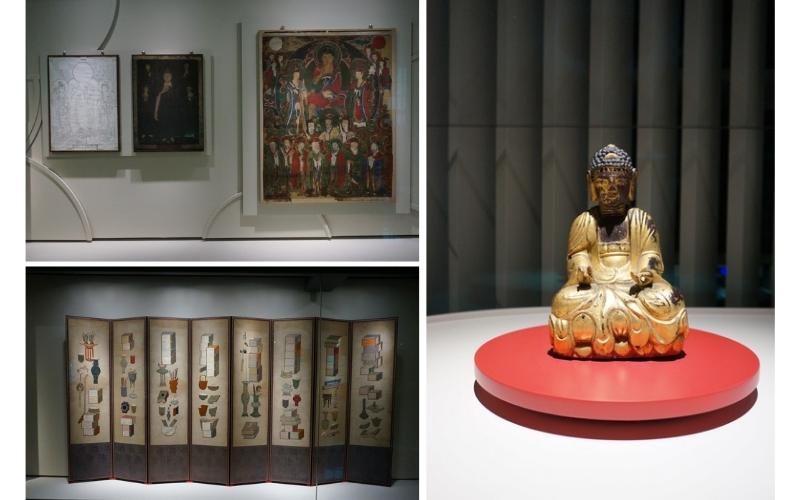 Beberapa koleksi Museum Universitas Nasional Pusan antara lain adalah lukisan Buddha (kiri atas), papan lipat bordir dengan motif rak buku (kiri bawah), dan patung Buddha Amitabha Duduk yang terbuat dari kayu (kanan). 