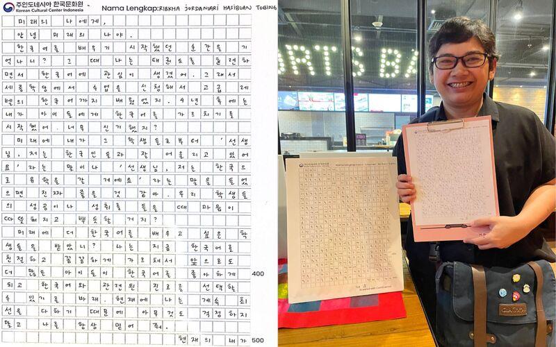 Kiri: Surat yang ditulis untuk diri penulis di masa depan. Kanan: Penulis berfoto bersama surat yang dipamerkan di depan pintu masuk ruang acara. 