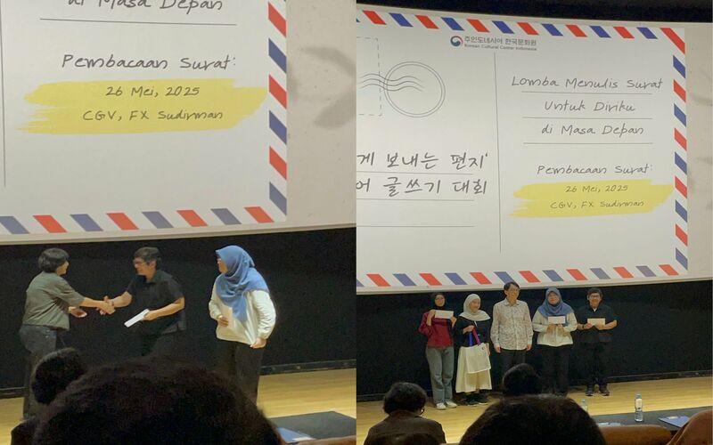 Penulis menerima hadiah yang diserahkan oleh salah seorang juri. Kanan: Para pemenang lomba berfoto bersama Direktur KCCI, Kim Yong Woon. 
